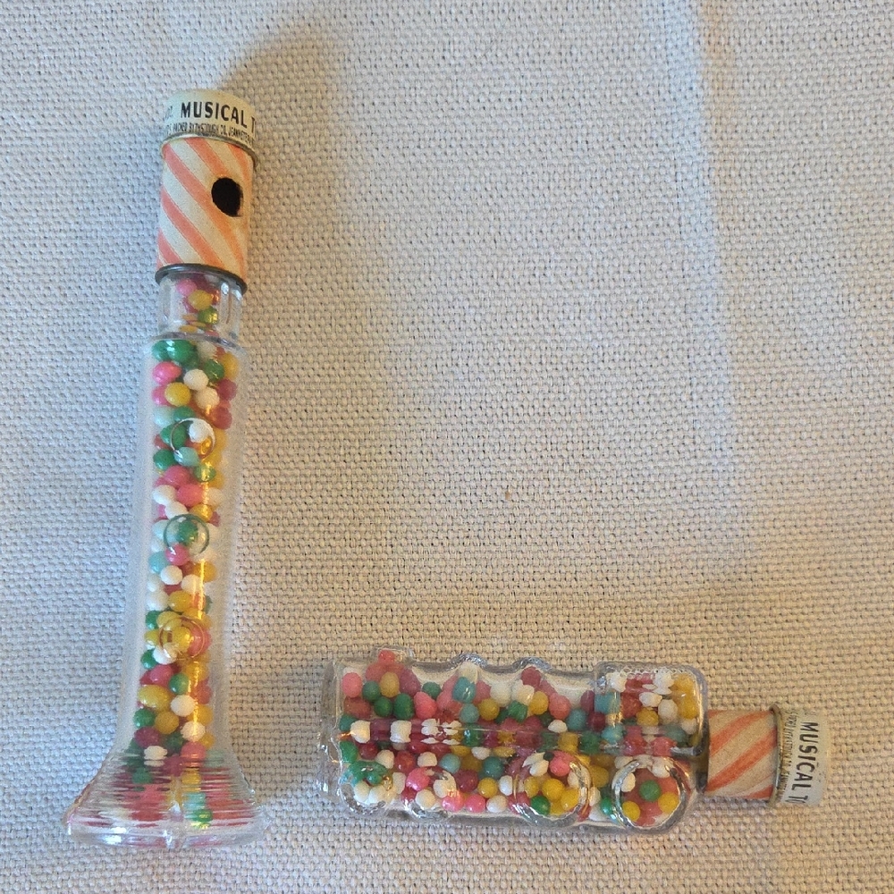 VTG Th Stough Co Glass Candy Music Toys Colorful Musical Train Whistle Set 1950s